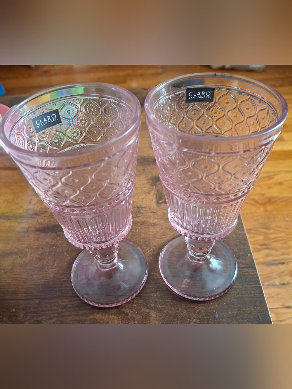 CLARO Pink Pressed Glass Goblets - Embossed Set of 2